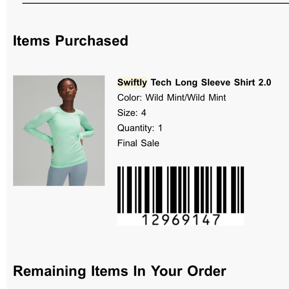 Lululemon Swiftly tech long sleeve size 4, mint color